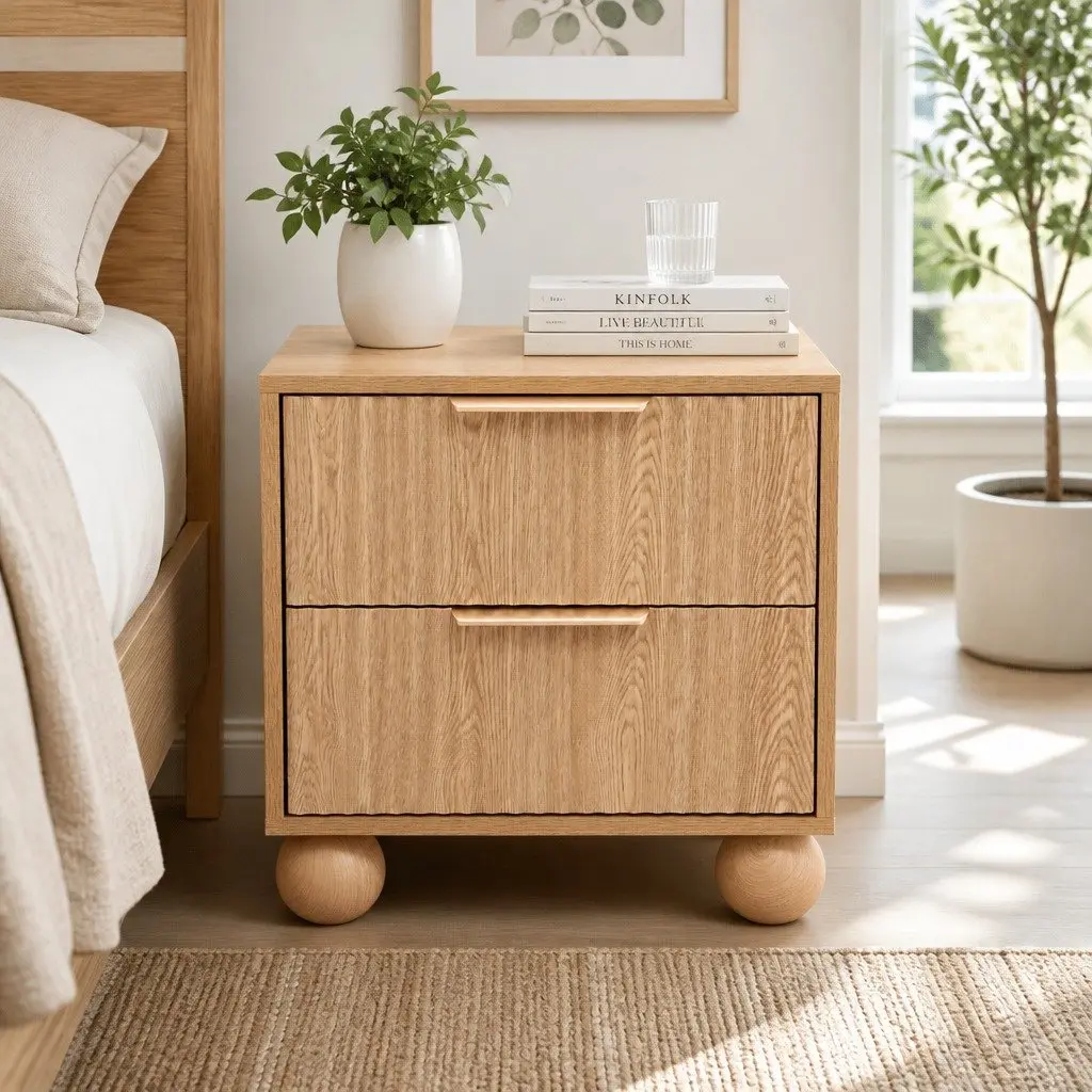 Bedside Table 2 Drawers Pine MDF Metal Handles Storage Nightstand Bedroom