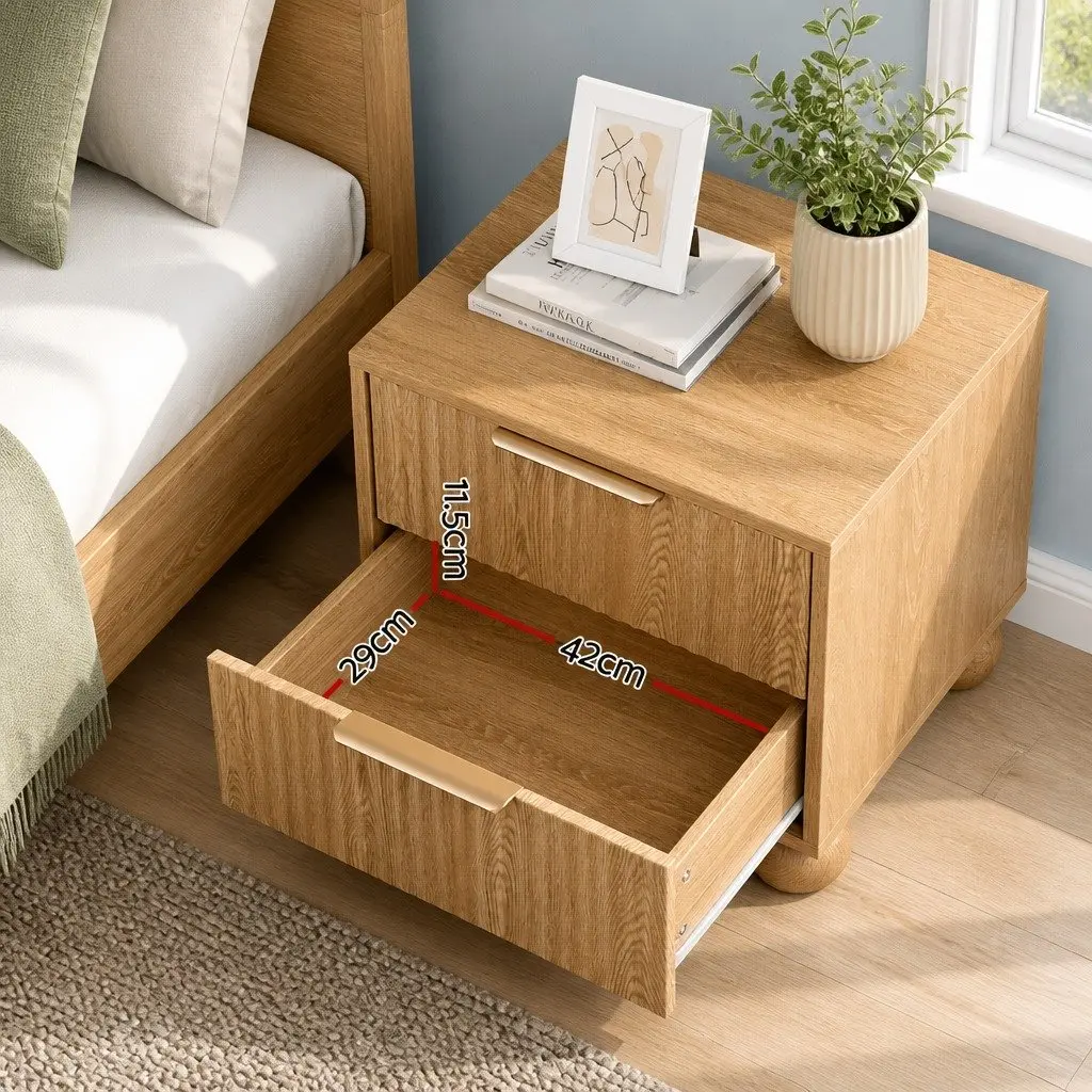 Bedside Table 2 Drawers Pine MDF Metal Handles Storage Nightstand Bedroom