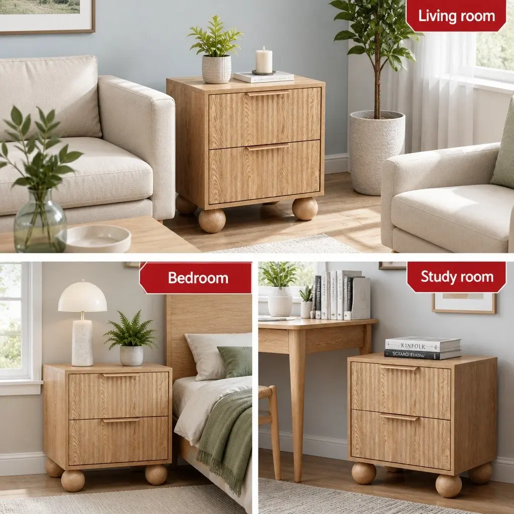 Bedside Table 2 Drawers Pine MDF Metal Handles Storage Nightstand Bedroom