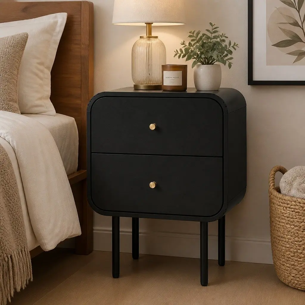 Bedside Table 2 Drawers Side End Table Nightstand with Metal Handles Storage