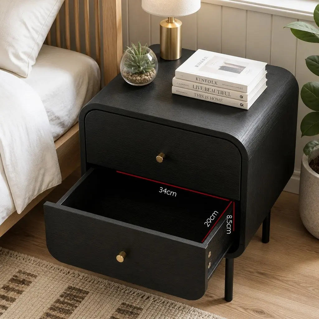Bedside Table 2 Drawers Side End Table Nightstand with Metal Handles Storage