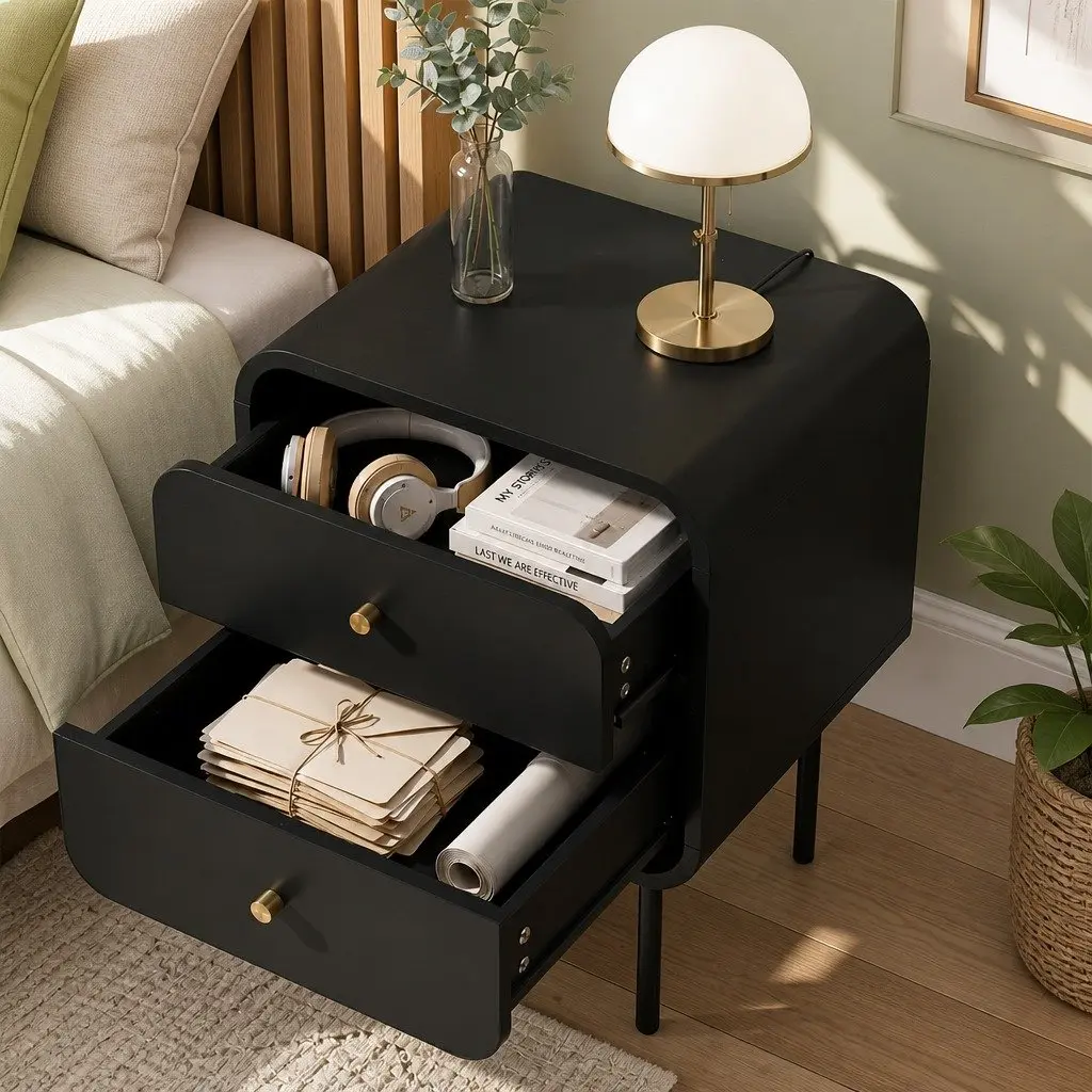 Bedside Table 2 Drawers Side End Table Nightstand with Metal Handles Storage