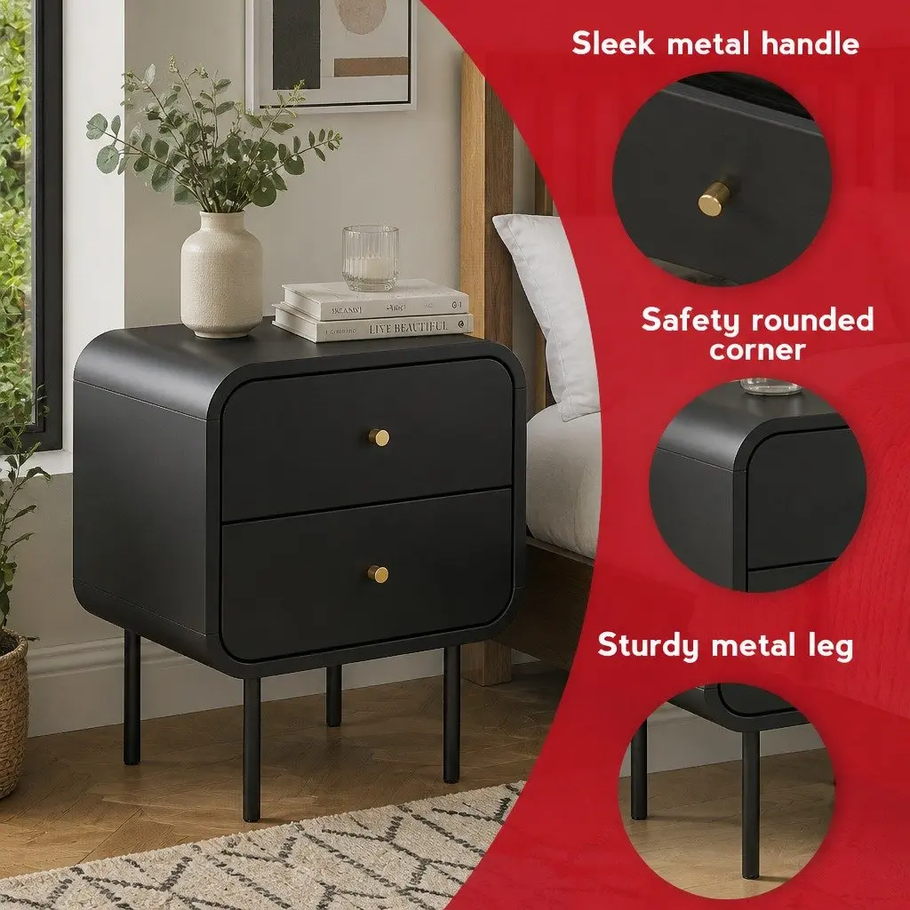 Bedside Table 2 Drawers Side End Table Nightstand with Metal Handles Storage