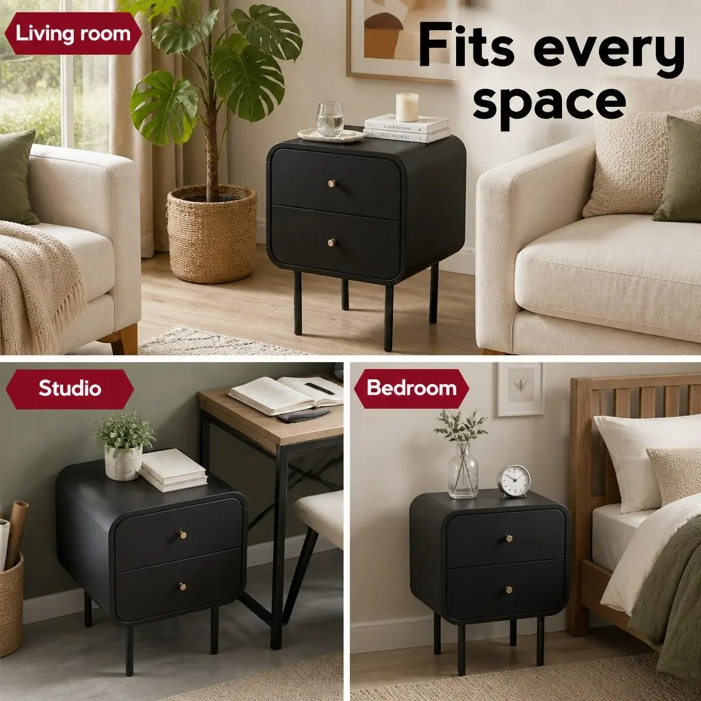 Bedside Table 2 Drawers Side End Table Nightstand with Metal Handles Storage