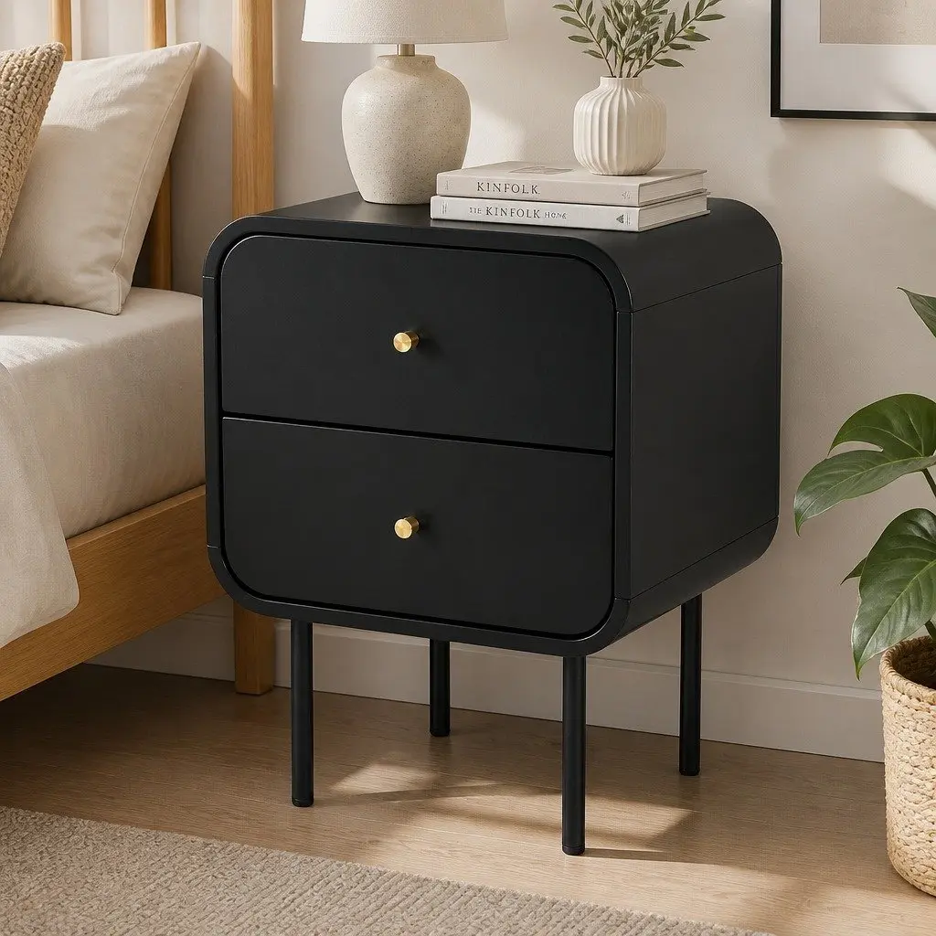 Bedside Table 2 Drawers Side End Table Nightstand with Metal Handles Storage