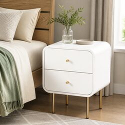 Bedside Table 2 Drawers Side End Table Nightstand White Metal Legs Storage
