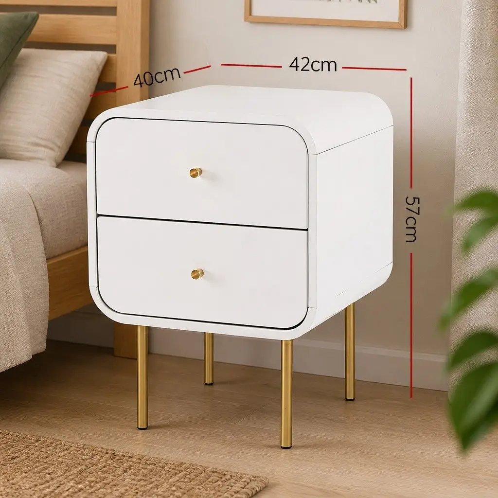 Bedside Table 2 Drawers Side End Table Nightstand White Metal Legs Storage