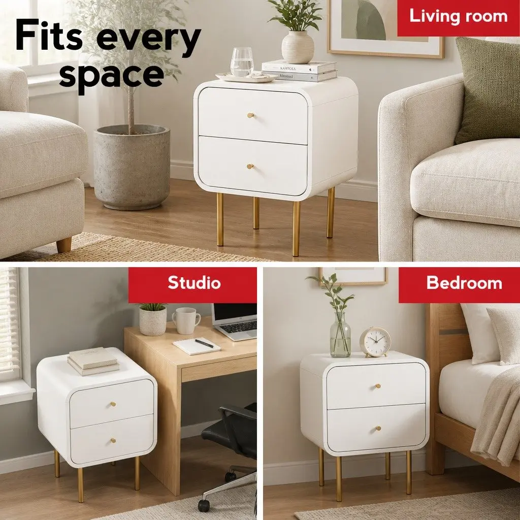 Bedside Table 2 Drawers Side End Table Nightstand White Metal Legs Storage