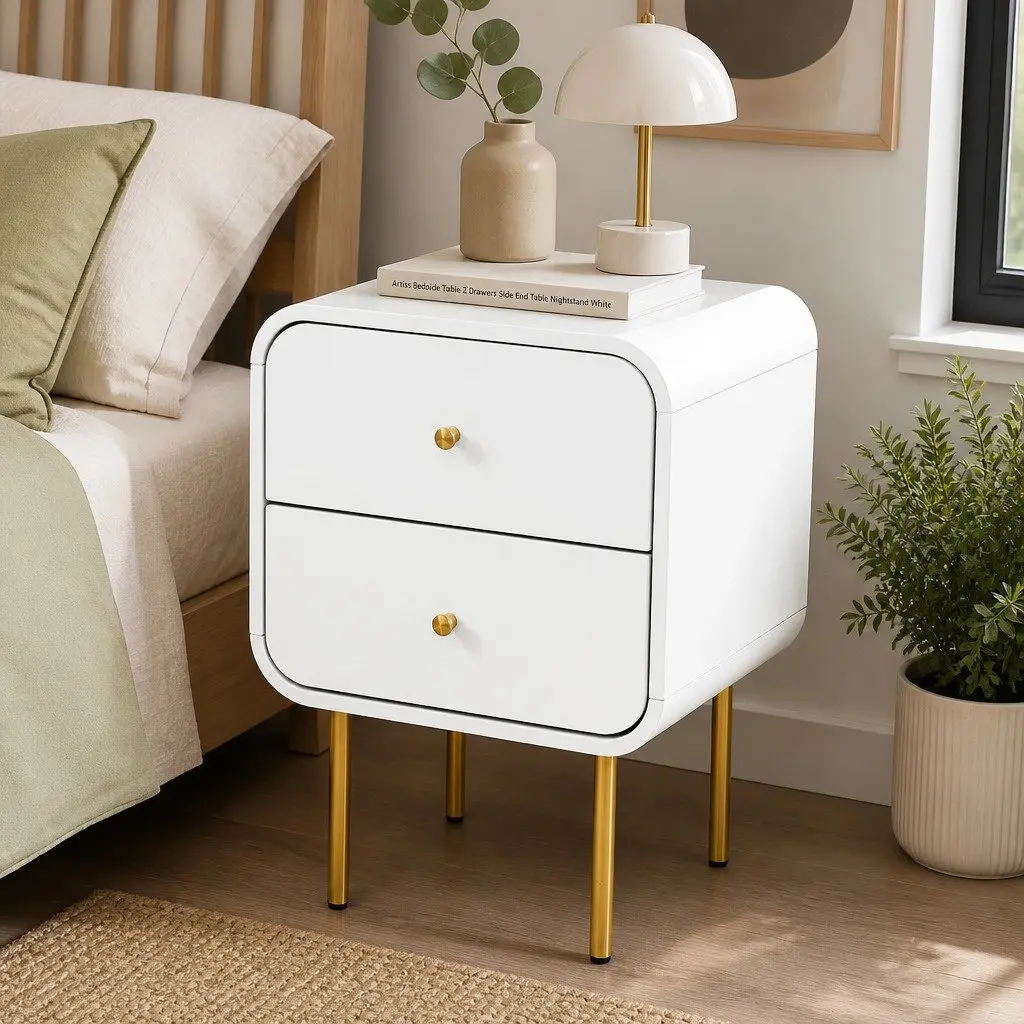 Bedside Table 2 Drawers Side End Table Nightstand White Metal Legs Storage