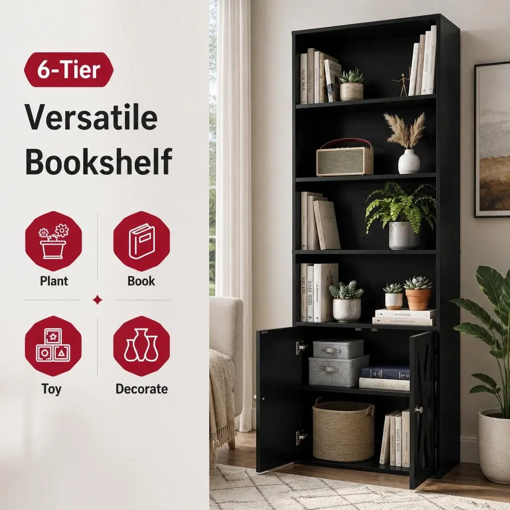 6-Tier Bookshelf Display Cabinet Storage Unit for Living Room Black