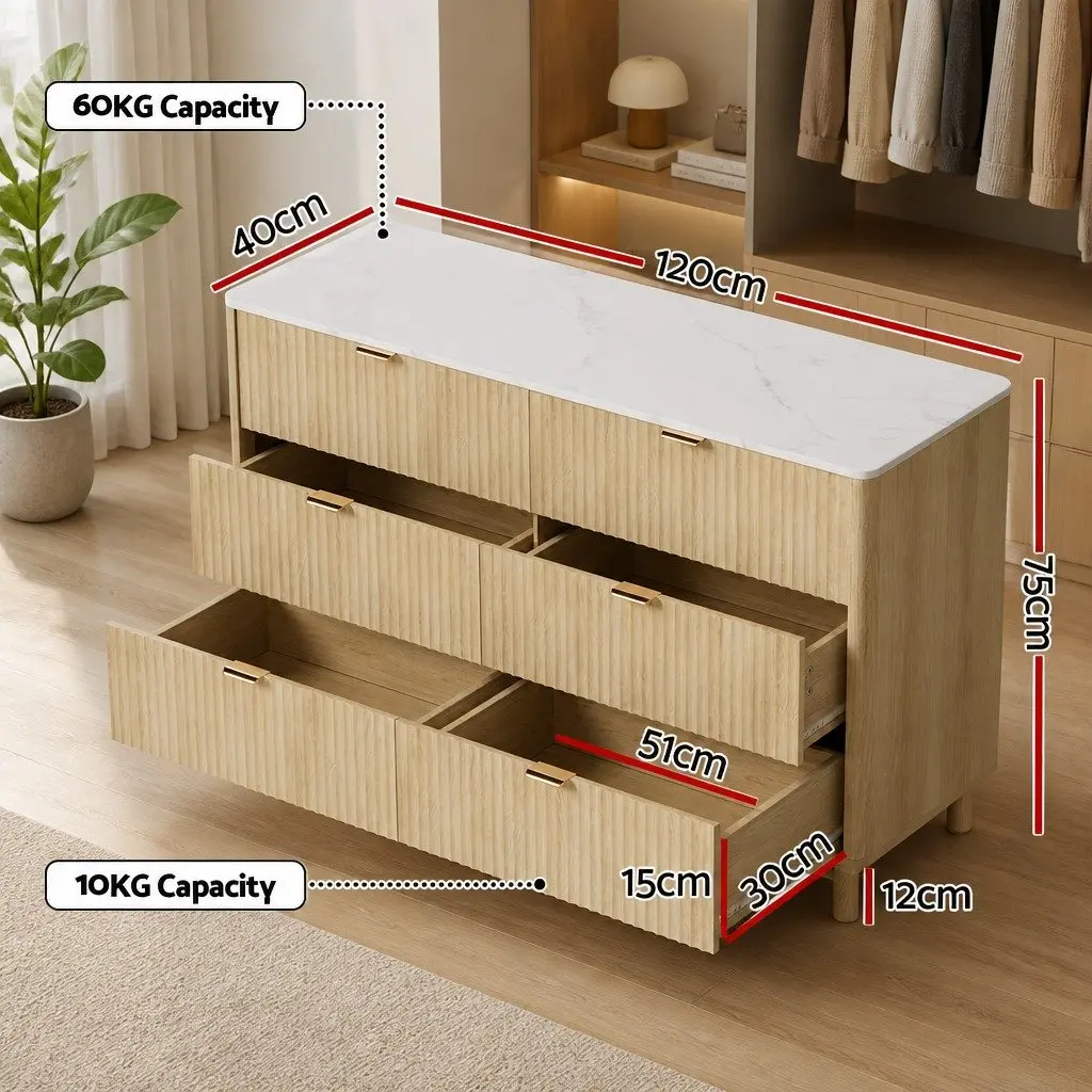 6 Drawer Chest of Drawers Dresser Storage Cabinet Pine Wooden Bedroom Furniture 120 x 40 x 75cm