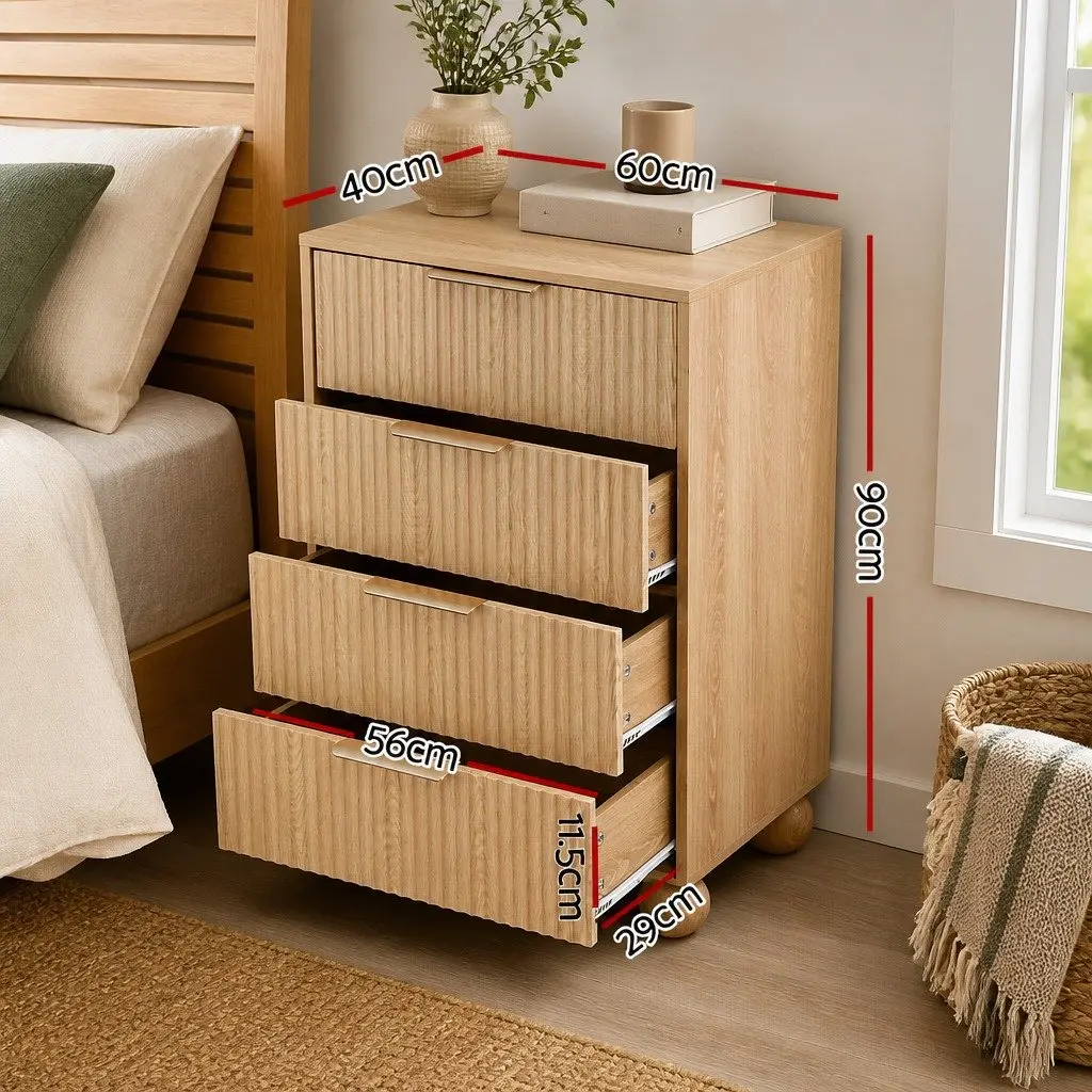 4 Drawer Chest of Drawers Dresser Storage Cabinet Bedroom Tallboy Pine 60W x 40D x 90H cm