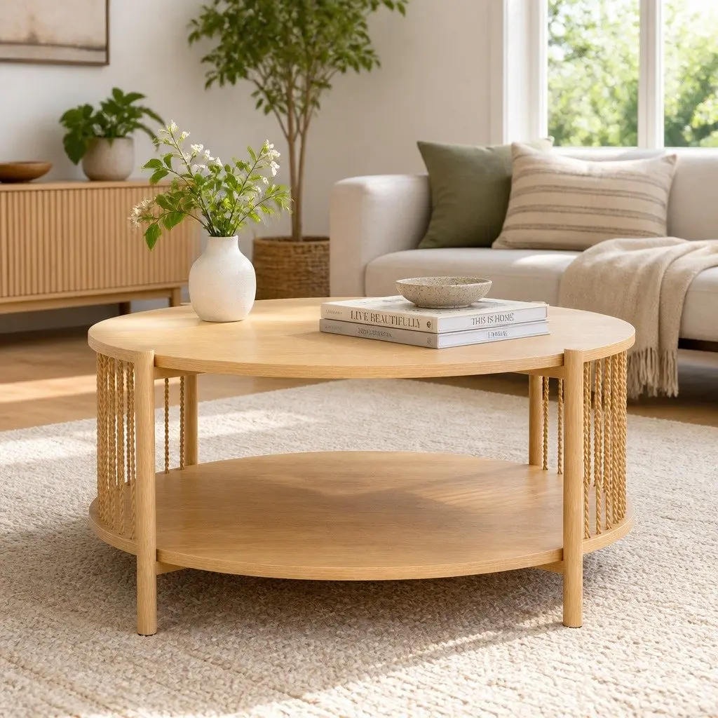 Coffee Table Living Room 2-Tier Round Wood Storage 74cm x 74cm x 41cm