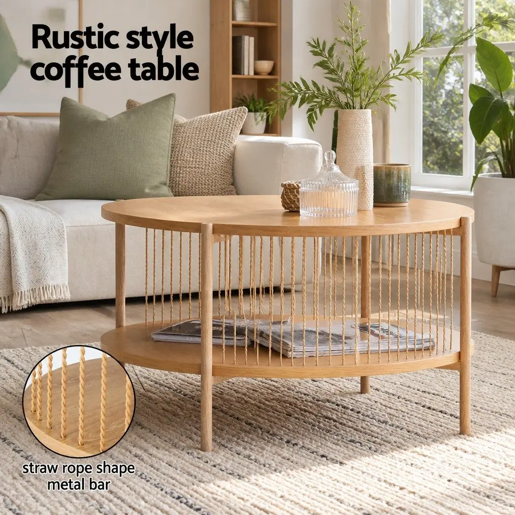 Coffee Table Living Room 2-Tier Round Wood Storage 74cm x 74cm x 41cm