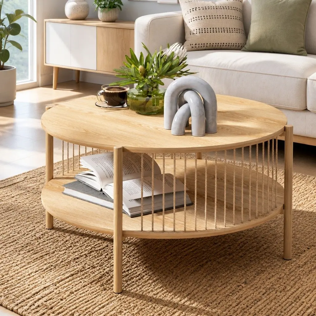 Coffee Table Living Room 2-Tier Round Wood Storage 74cm x 74cm x 41cm
