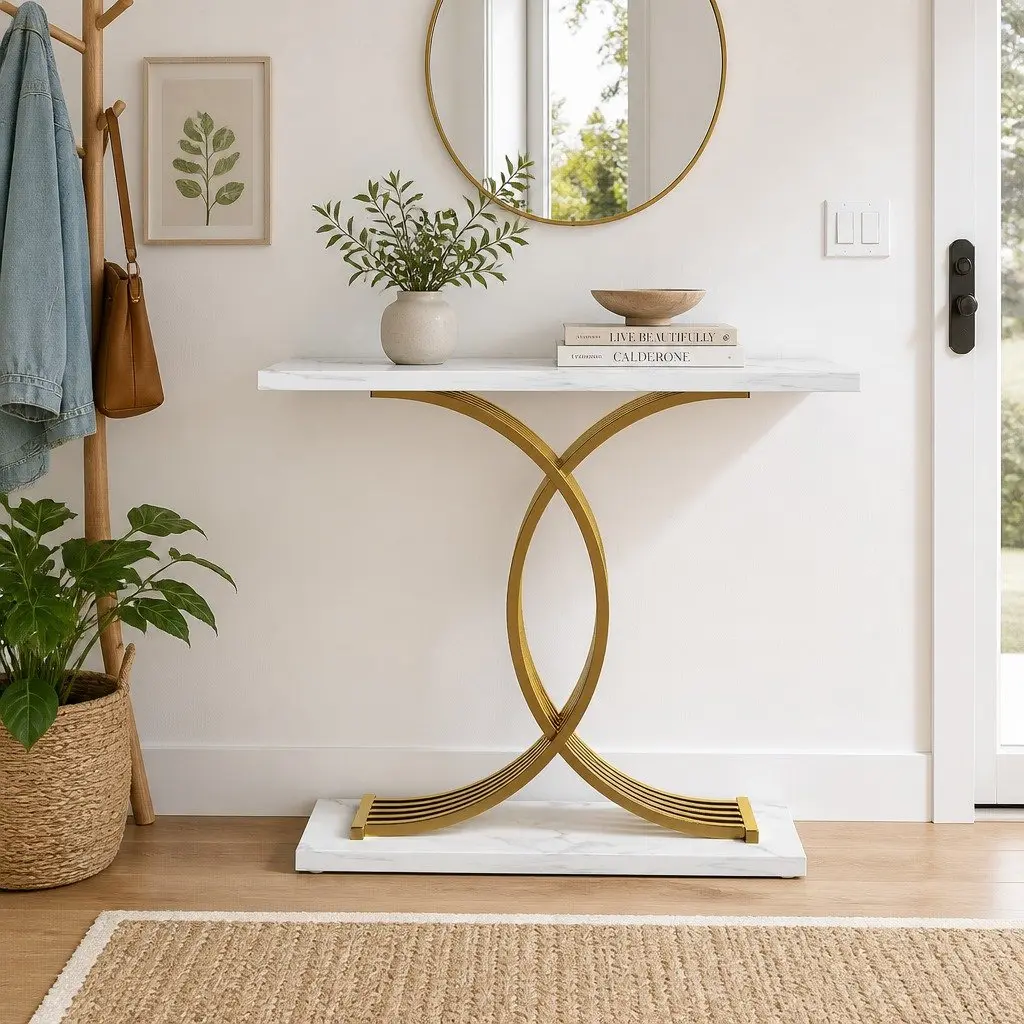 Console Table for Hallway Entryway Living Room 100cm x 30cm x 81cm Faux Marble Effect White Gold