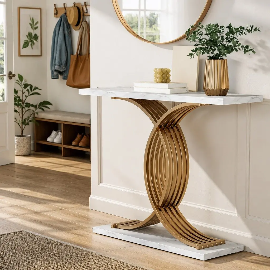 Console Table for Hallway Entryway Living Room 100cm x 30cm x 81cm Faux Marble Effect White Gold