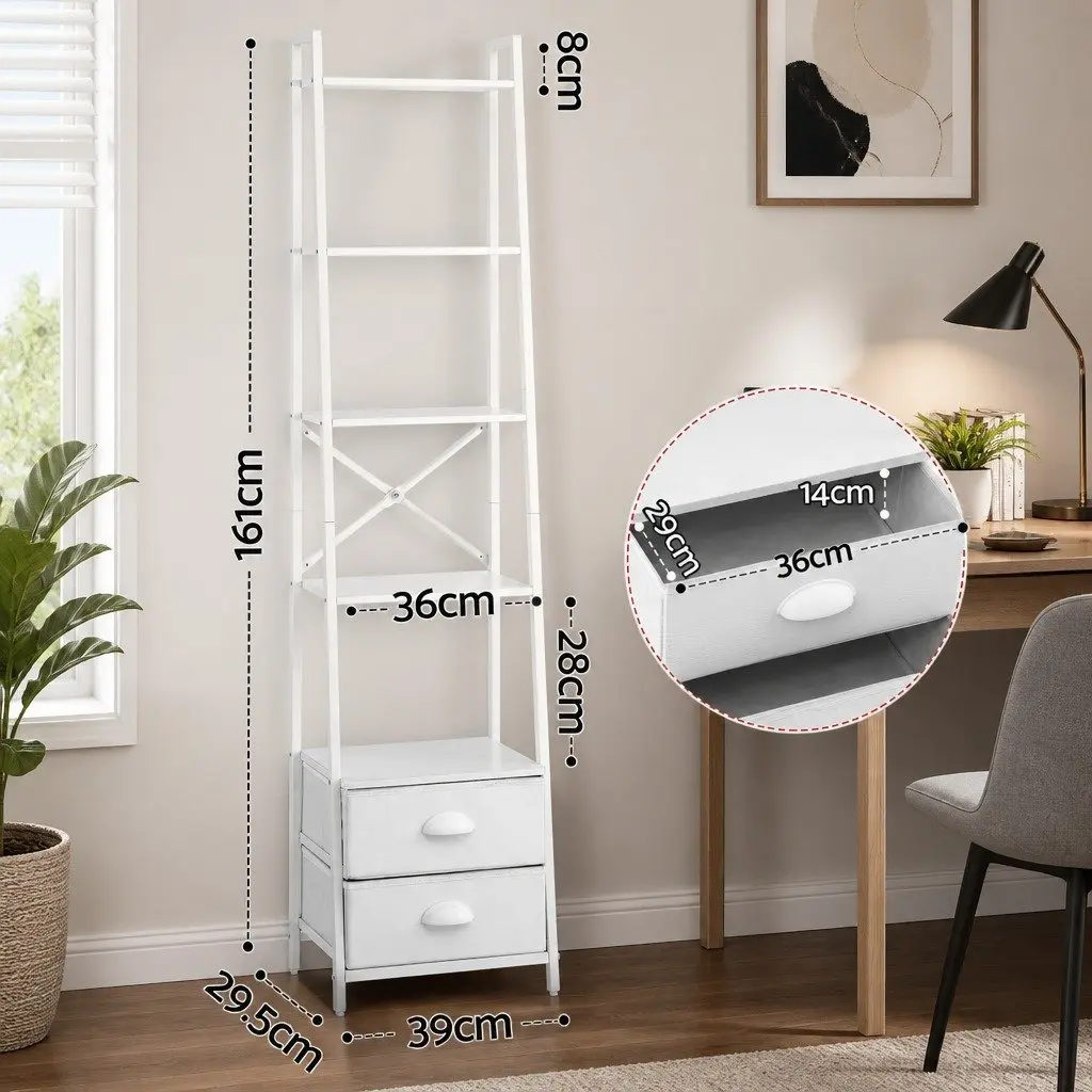 5 Tier Ladder Bookcase for Living Room with Fabric Drawers 39cm W x 29.5cm D x 161cm H