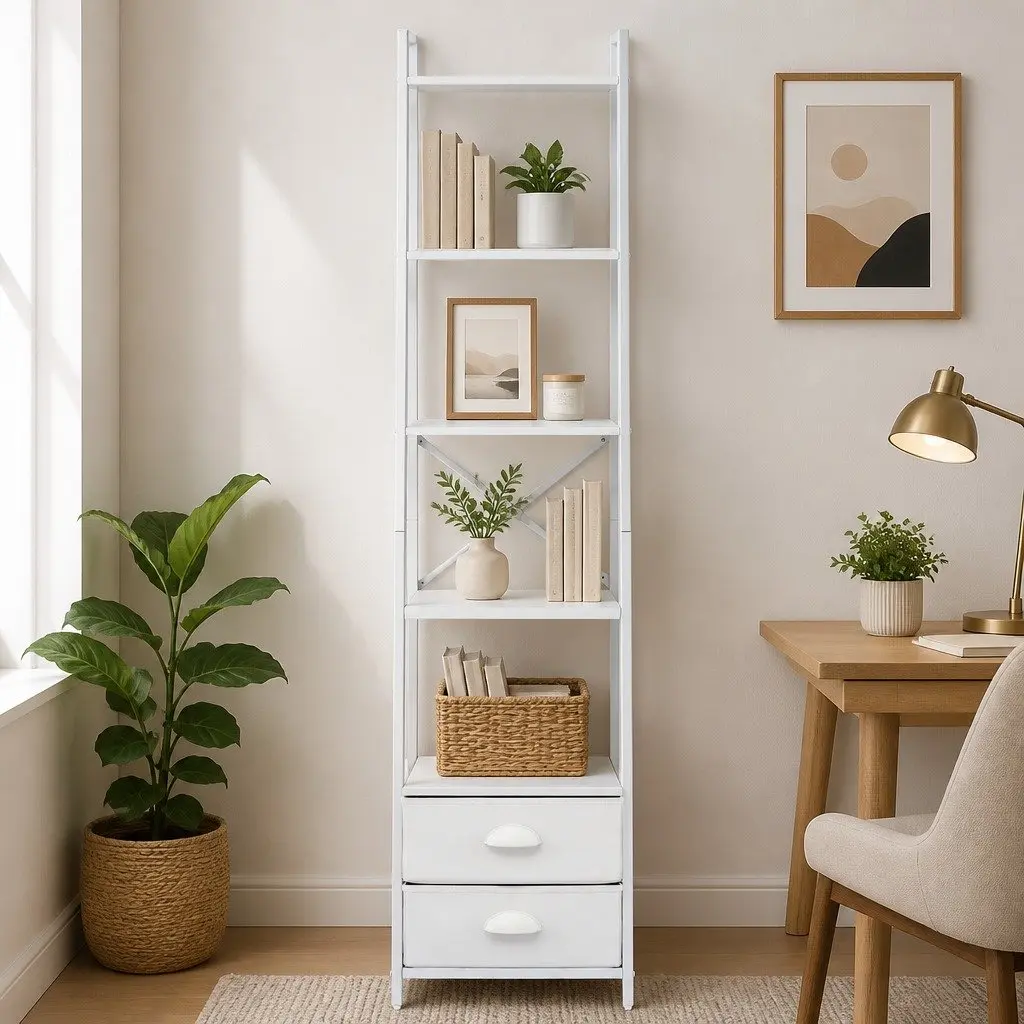 5 Tier Ladder Bookcase for Living Room with Fabric Drawers 39cm W x 29.5cm D x 161cm H