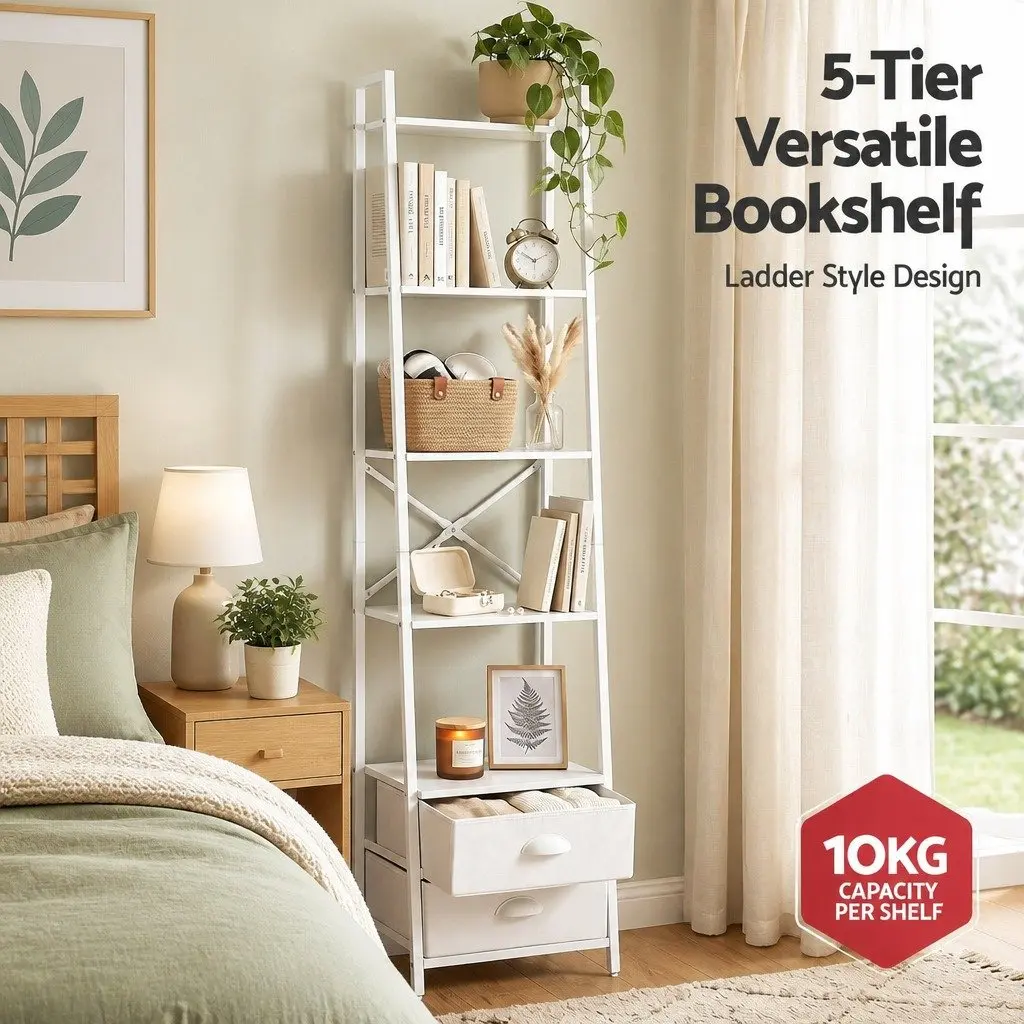 5 Tier Ladder Bookcase for Living Room with Fabric Drawers 39cm W x 29.5cm D x 161cm H