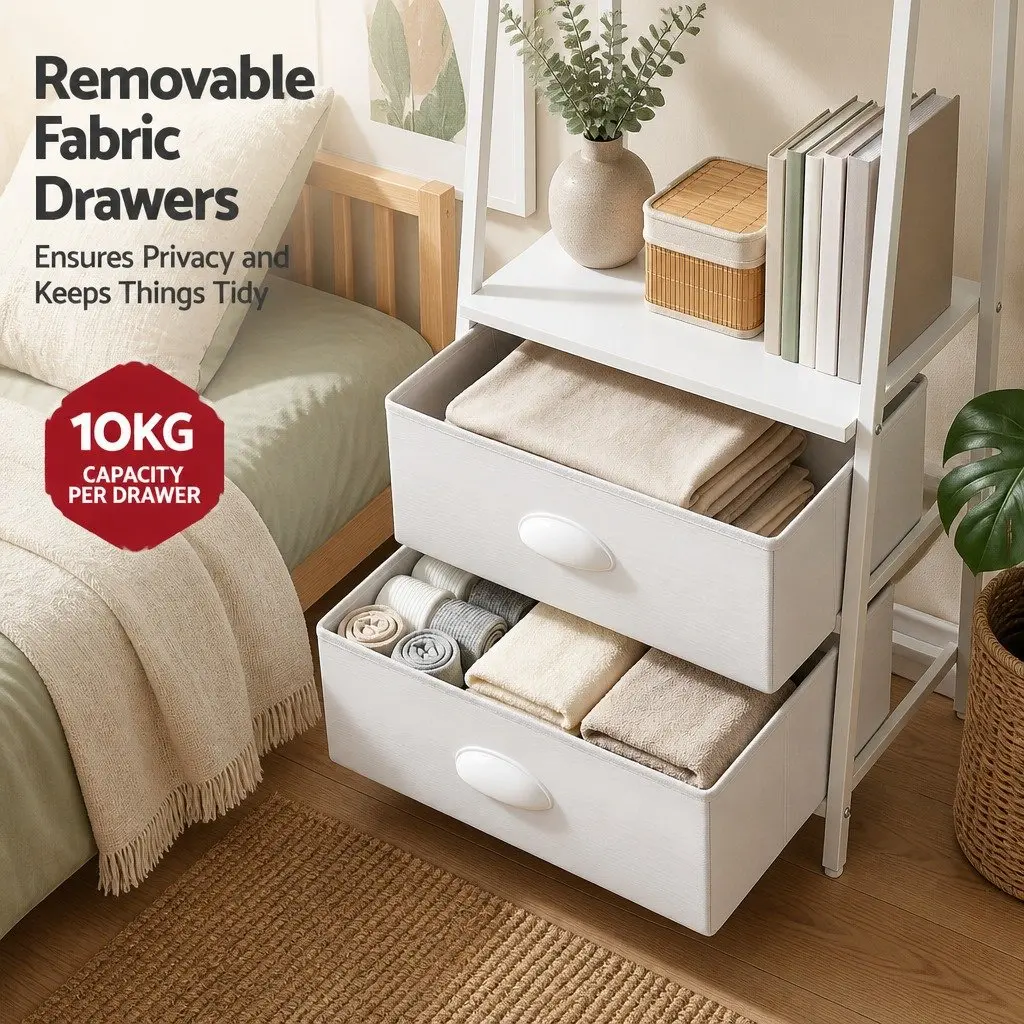 5 Tier Ladder Bookcase for Living Room with Fabric Drawers 39cm W x 29.5cm D x 161cm H