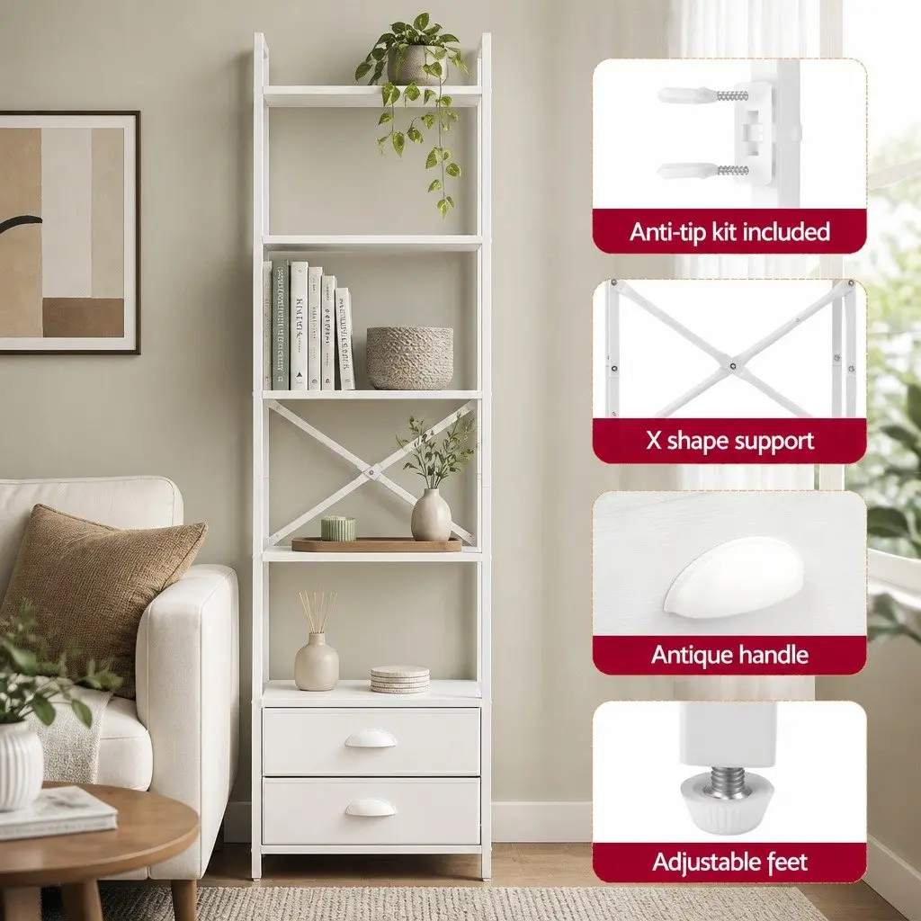 5 Tier Ladder Bookcase for Living Room with Fabric Drawers 39cm W x 29.5cm D x 161cm H