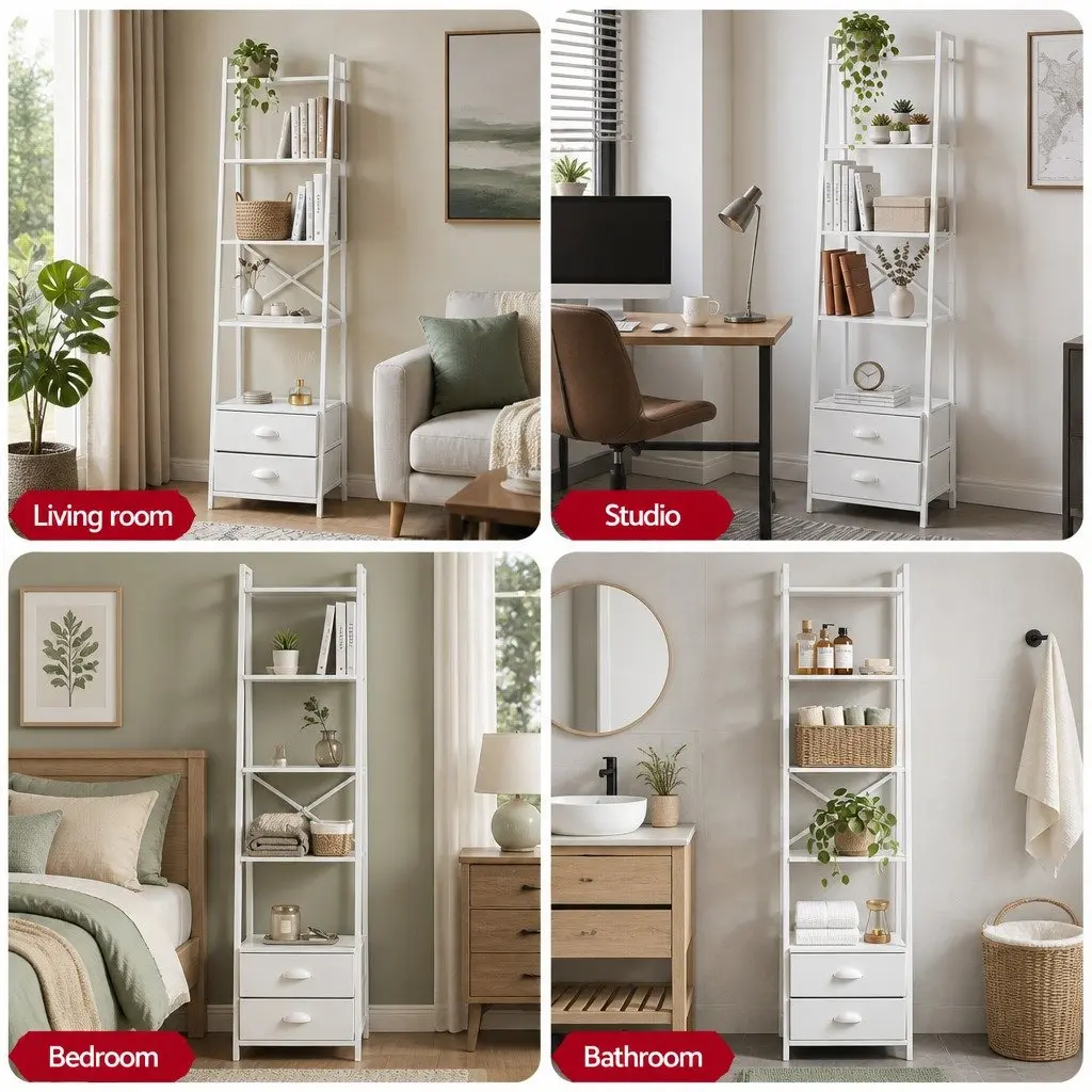 5 Tier Ladder Bookcase for Living Room with Fabric Drawers 39cm W x 29.5cm D x 161cm H