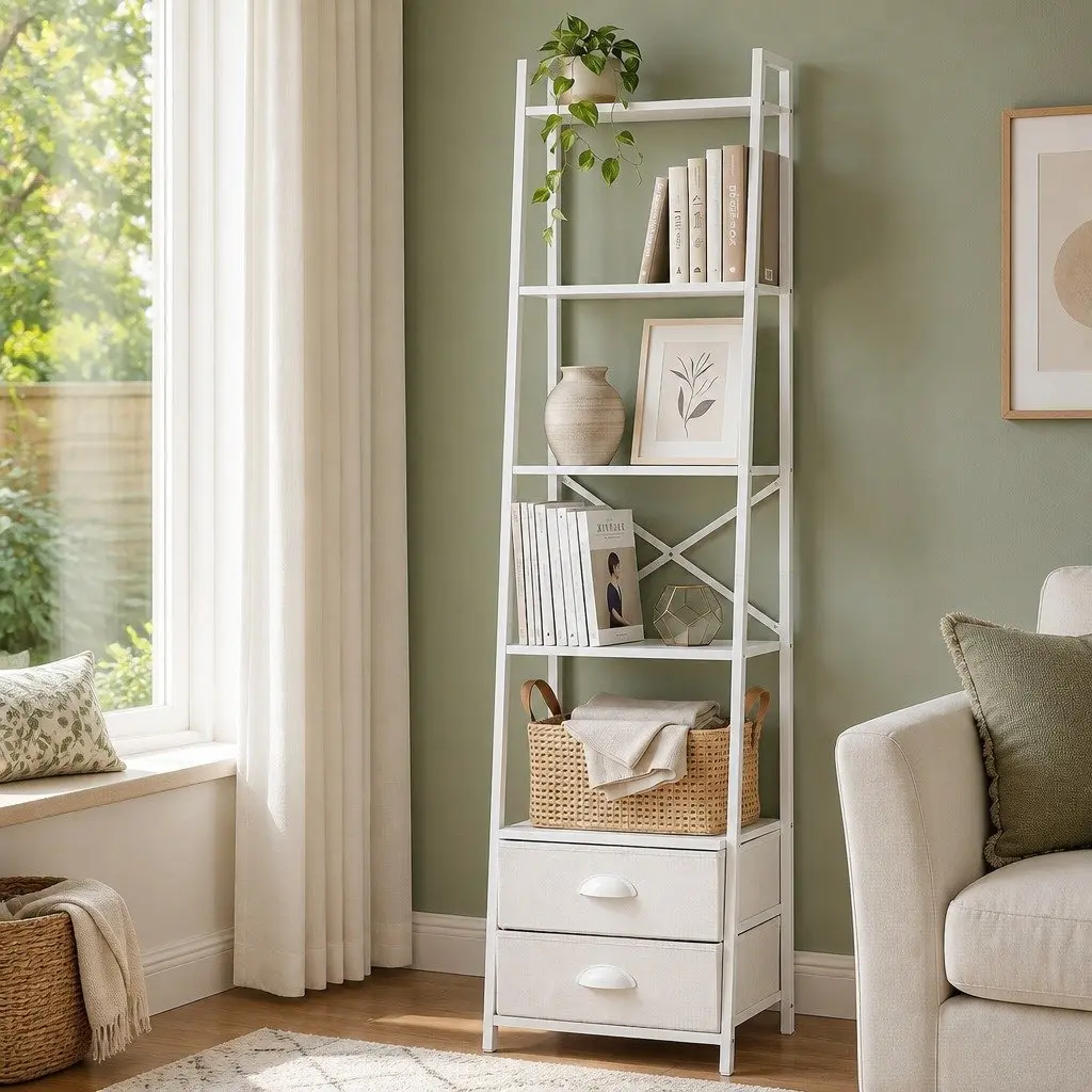 5 Tier Ladder Bookcase for Living Room with Fabric Drawers 39cm W x 29.5cm D x 161cm H