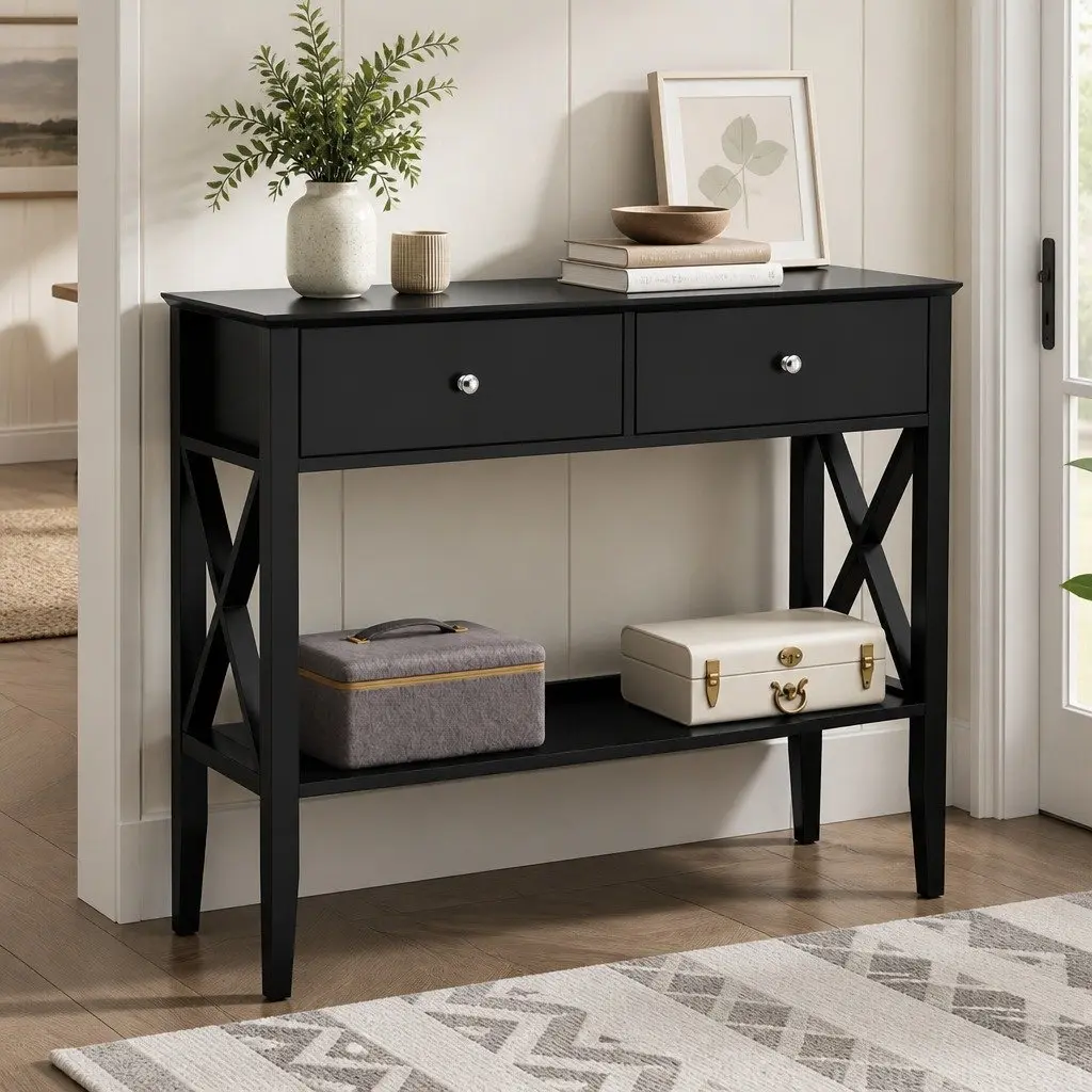 100cm Black Console Table with 2 Drawers and Open Shelf