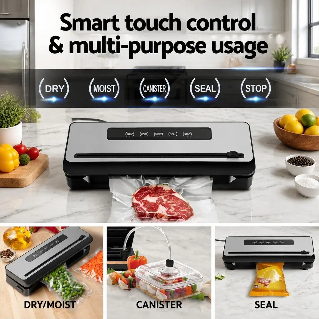 Food Vacuum Sealer Machine Kitchen 110W Touch Control Cutter for Dry Wet Canister Sealing