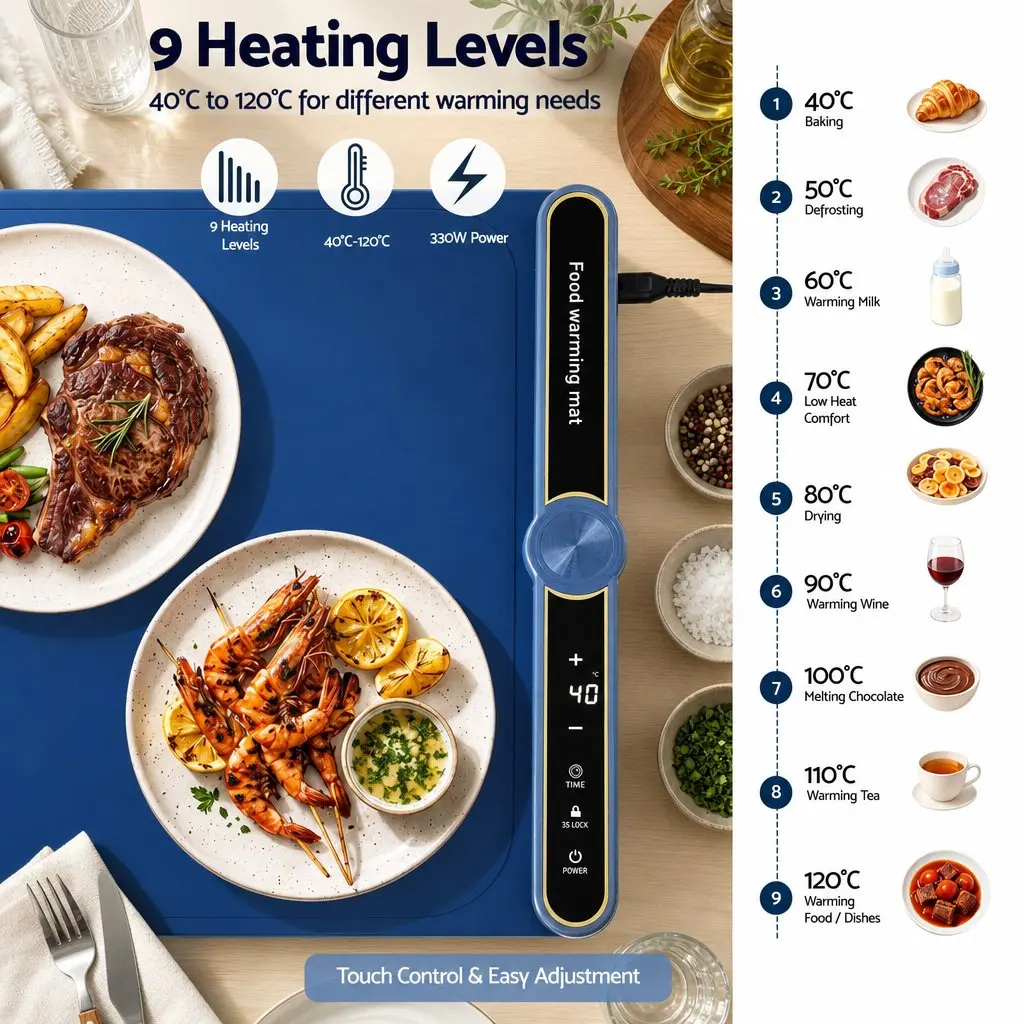 Electric Food Warming Mat 60 x 38cm Heating Tray with Timer Controls