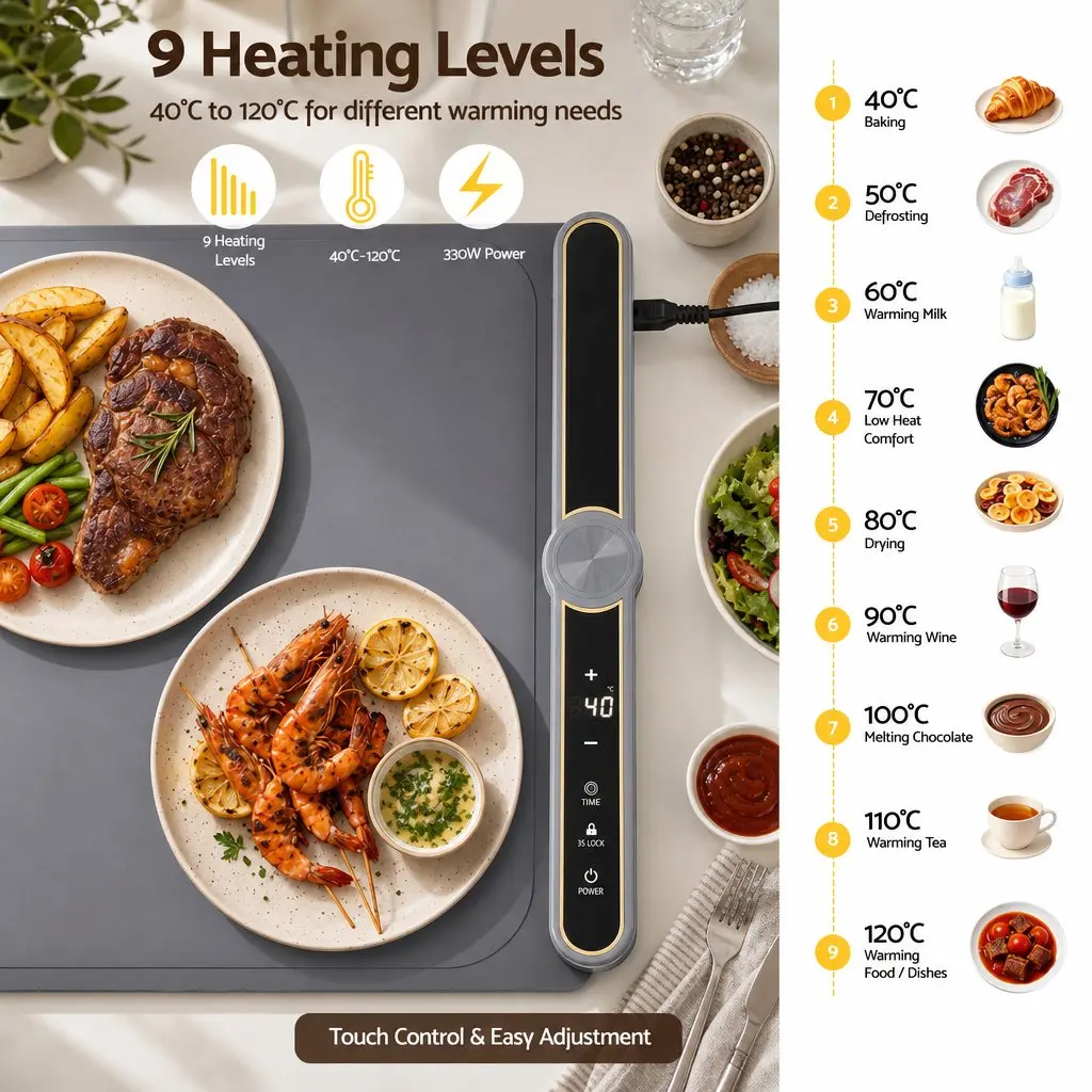80 x 38cm Electric Food Warming Mat with 9 Heating Levels
