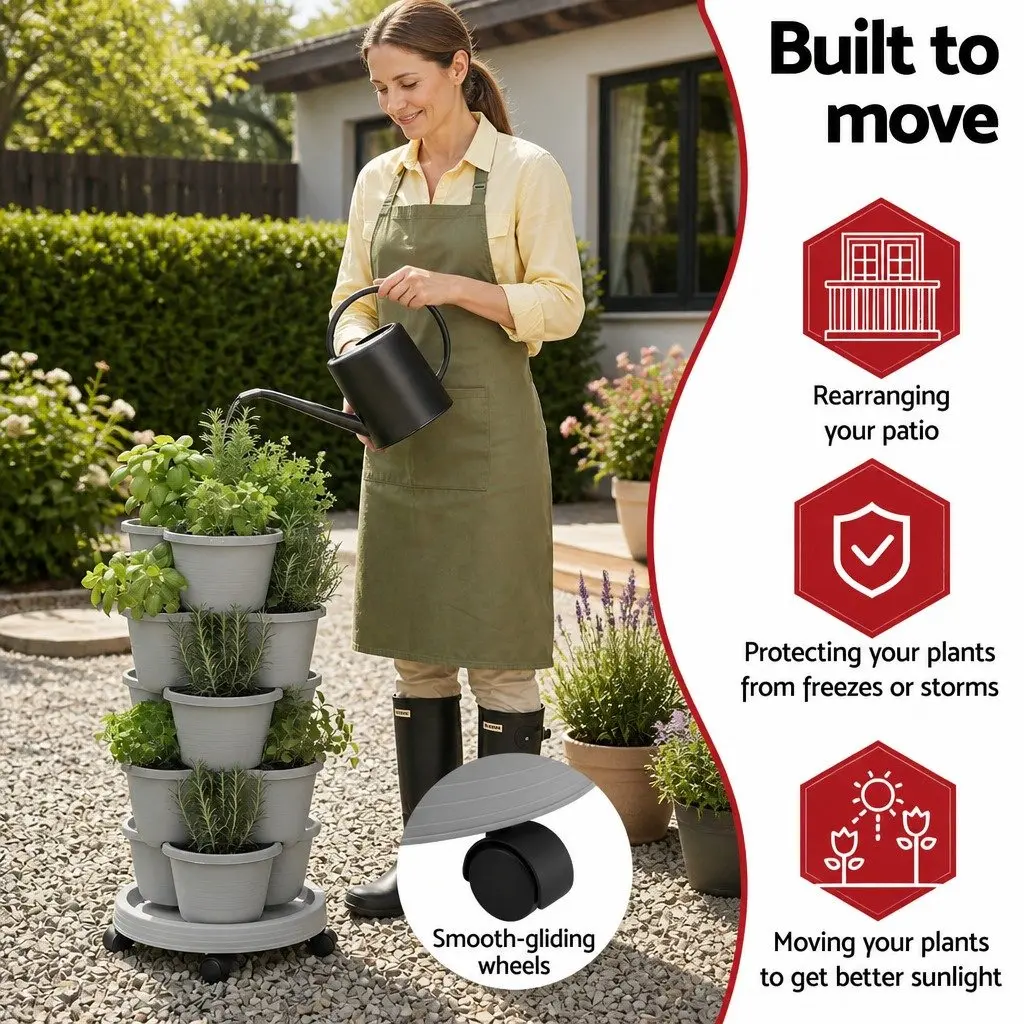 5 Tier Vertical Garden Planter Tower Stackable Movable Wheels Indoor Outdoor