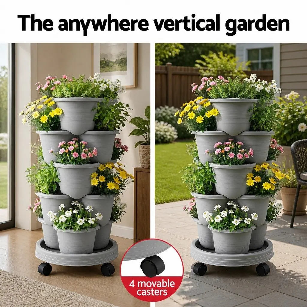 5 Tier Vertical Garden Planter Tower Stackable Movable Wheels Indoor Outdoor