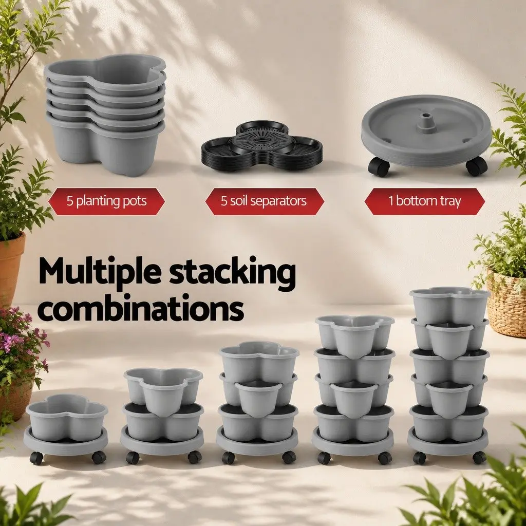 5 Tier Vertical Garden Planter Tower Stackable Movable Wheels Indoor Outdoor