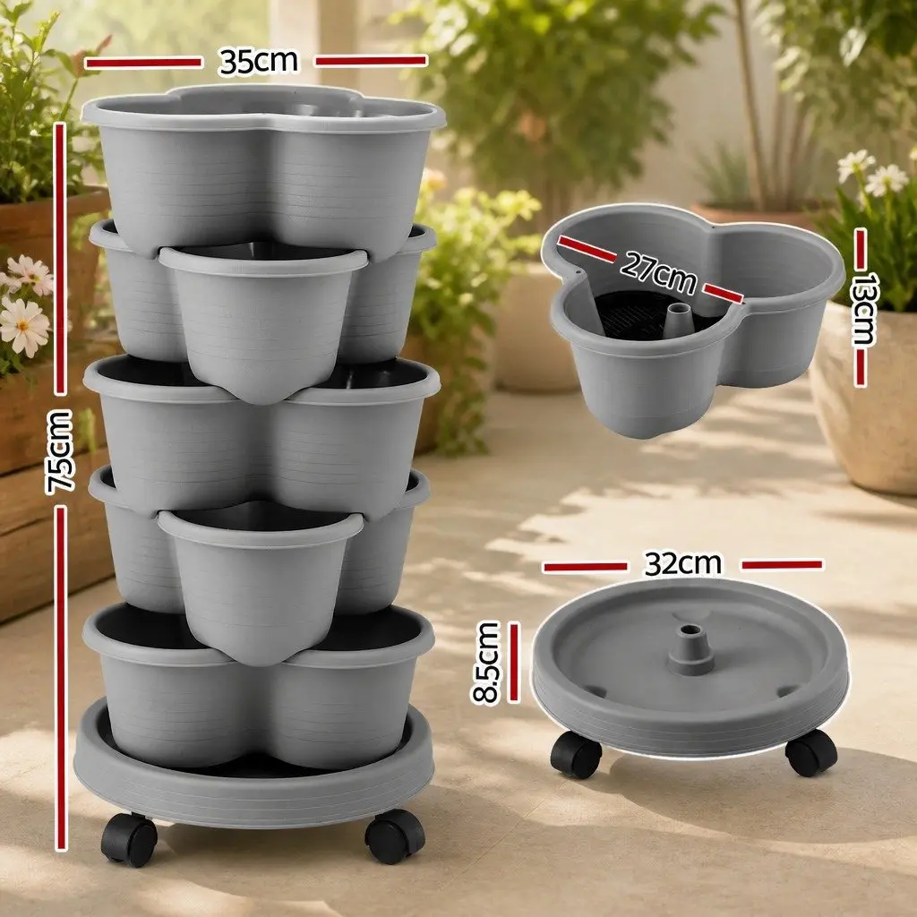 5 Tier Vertical Garden Planter Tower Stackable Movable Wheels Indoor Outdoor