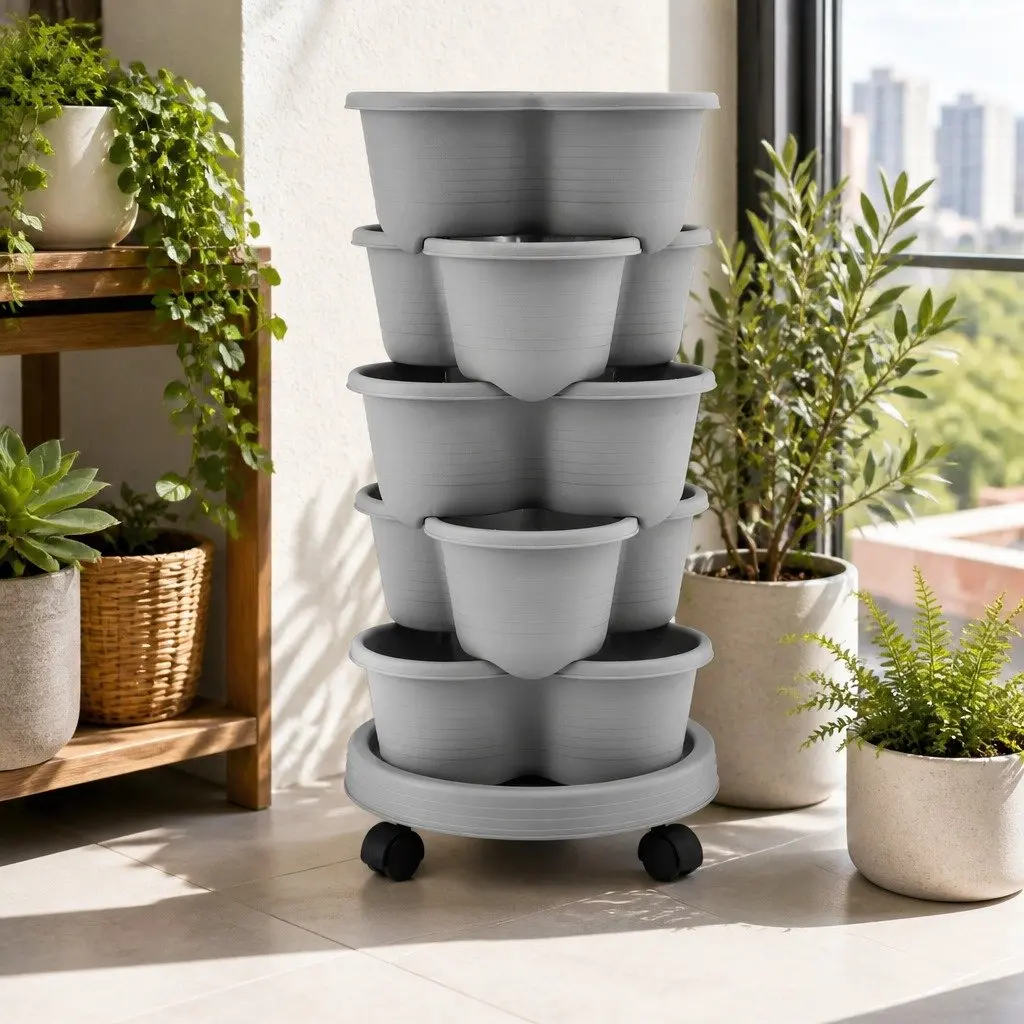 5 Tier Vertical Garden Planter Tower Stackable Movable Wheels Indoor Outdoor