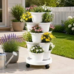 5 Tier Vertical Garden Planter Stackable White Tower with Wheels Auto Drainage