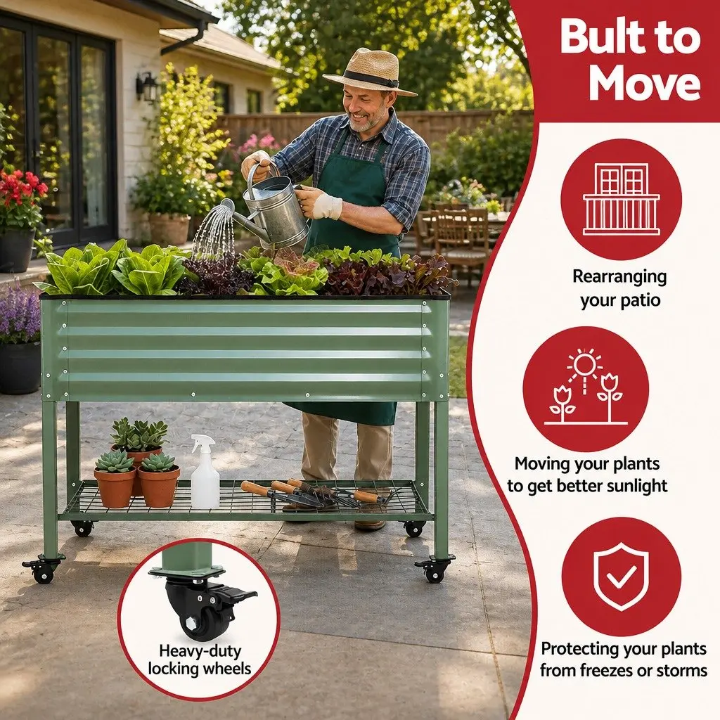 Elevated Garden Bed Mobile Planter for Patio and Balcony 115cm x 60cm x 81cm