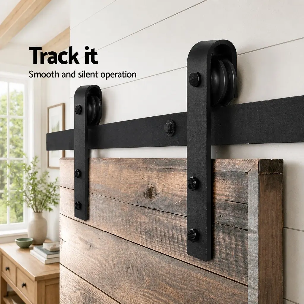 Sliding Barn Door Hardware Track Set 1.83m, Black Steel