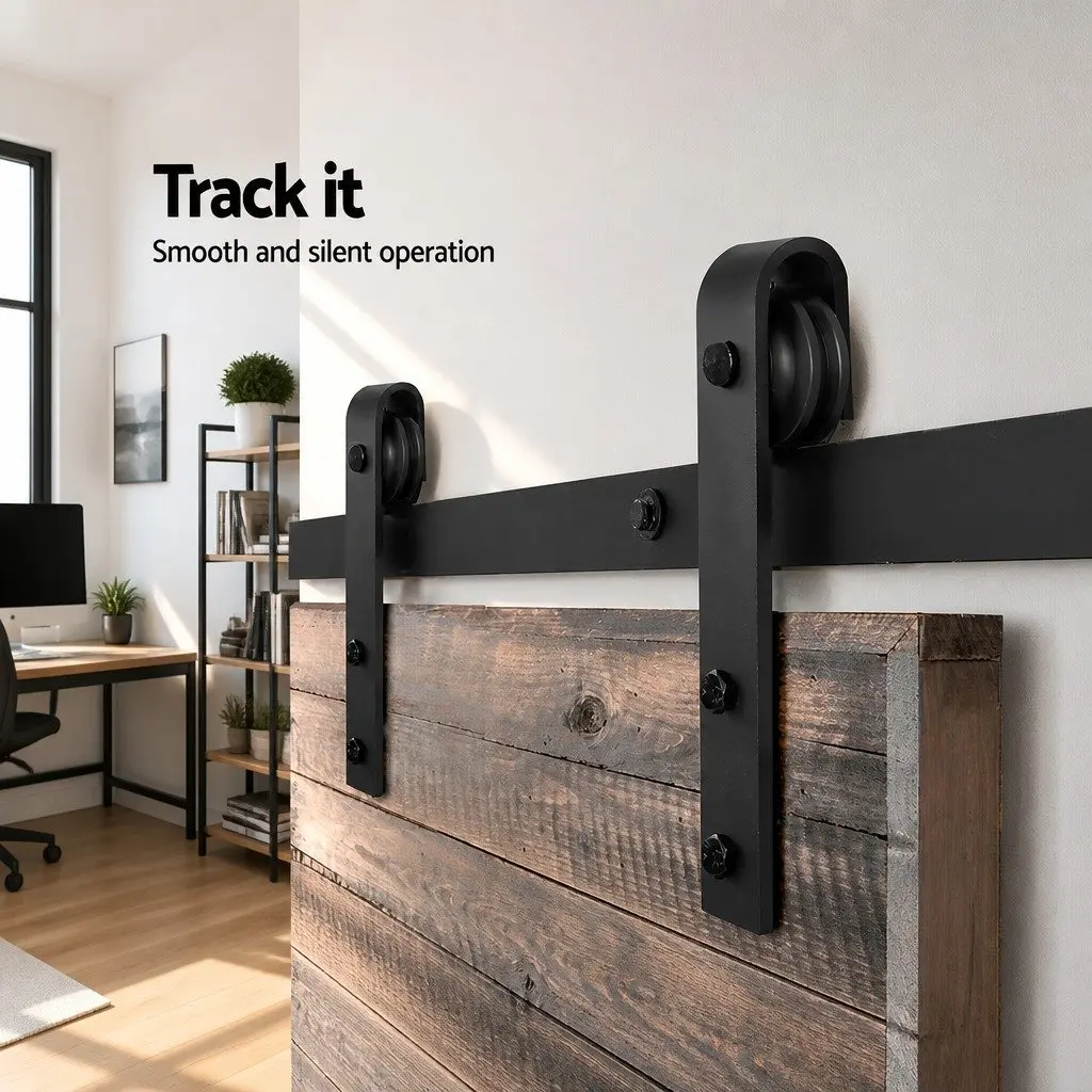 Sliding Barn Door Hardware Track Set for Home 3.66m Black Steel Rail Roller Kit