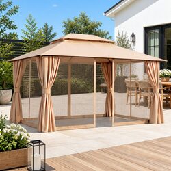 Gazebo 3x4m Canopy Outdoor Steel Frame Patio Tent with Mosquito Mesh Curtains