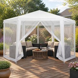 Hexagonal Gazebo 2x2m with Mesh Walls and Steel Frame