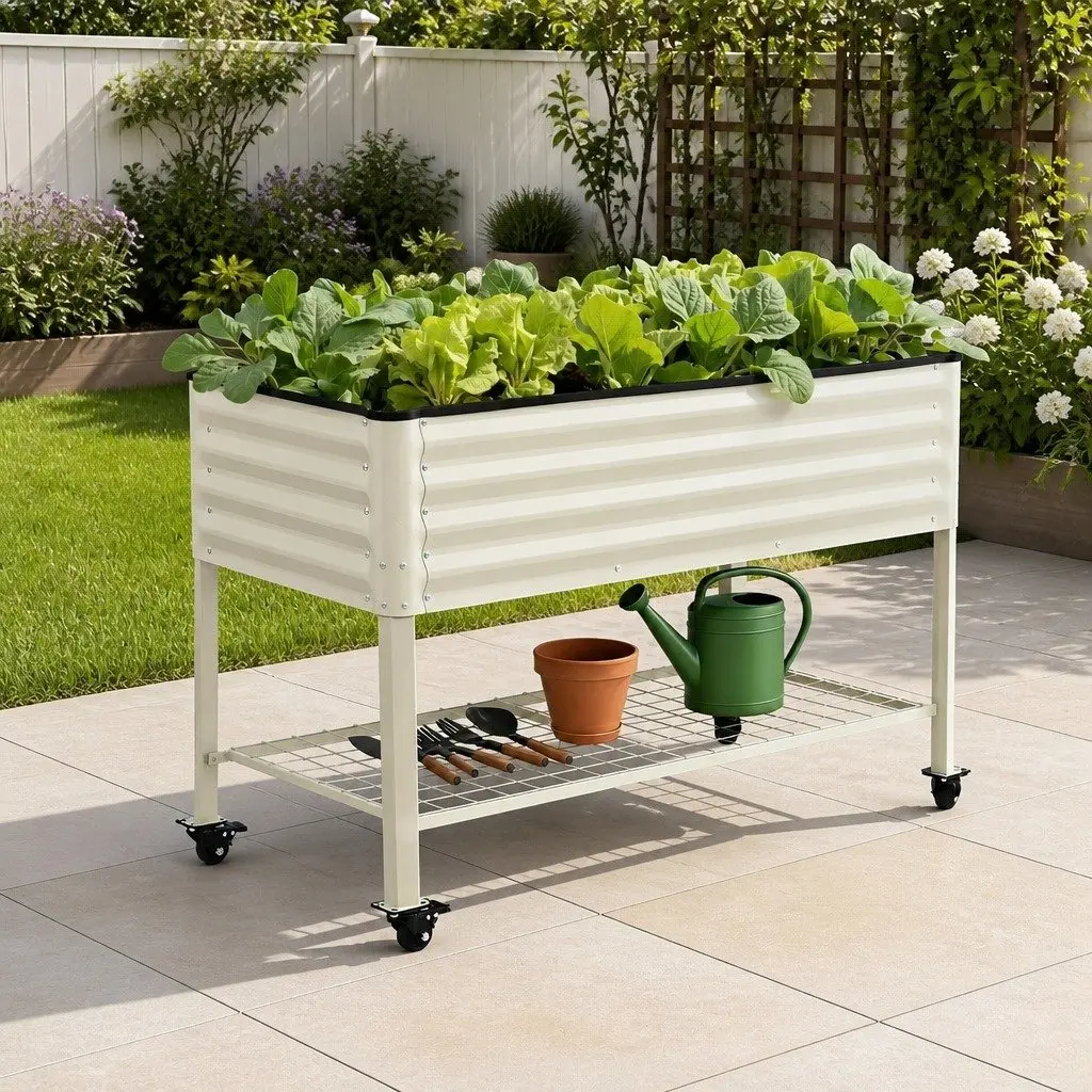 115cm Elevated Garden Bed with Integrated Shelf and Wheels
