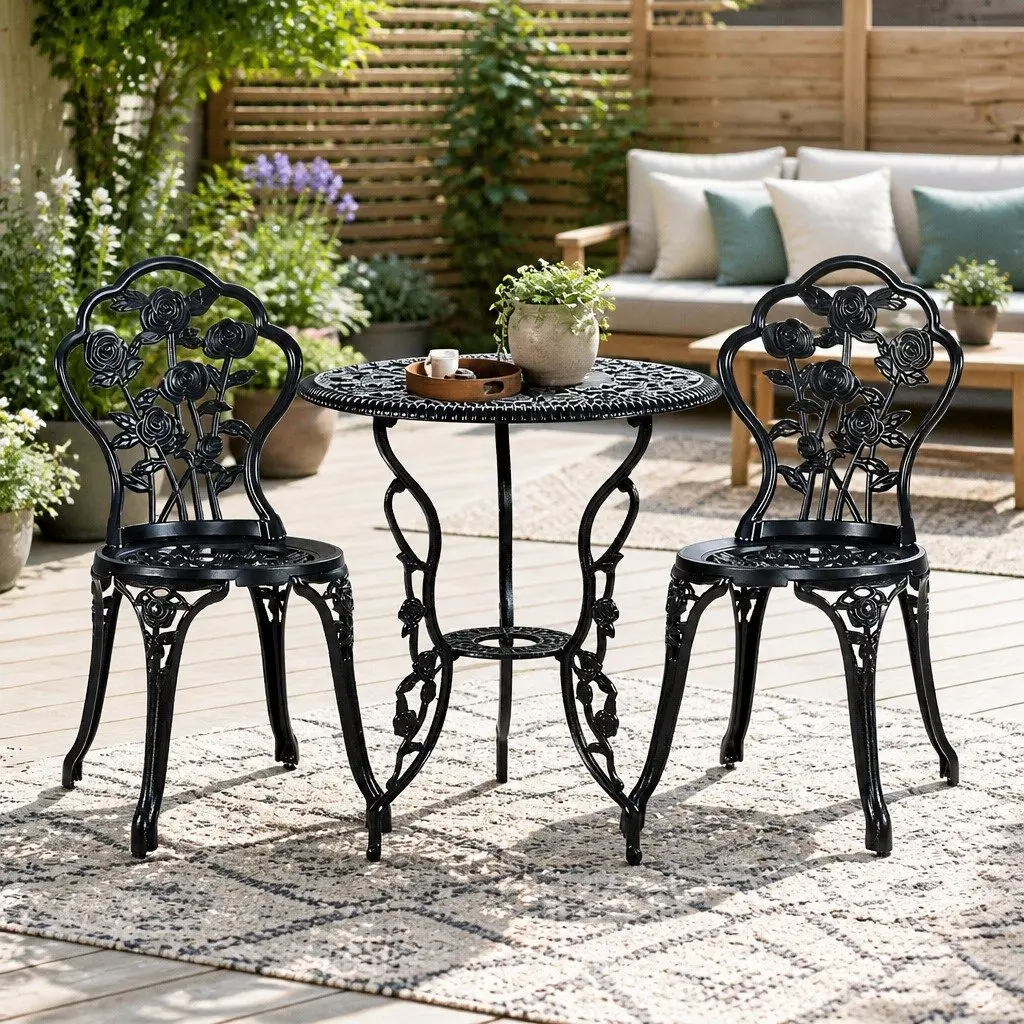 3PC Outdoor Bistro Set Garden Furniture Chairs Table Patio Setting Black