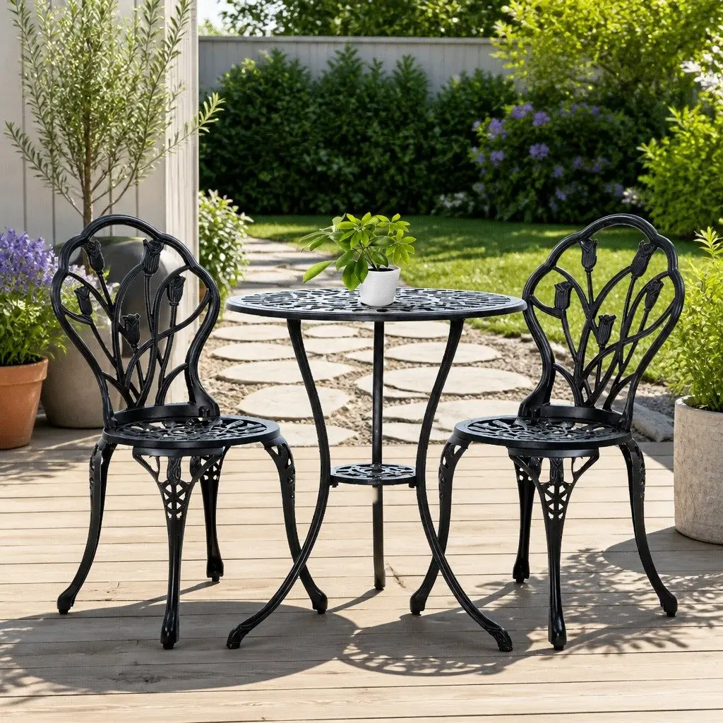 3PC Black Bistro Set with Parasol Hole