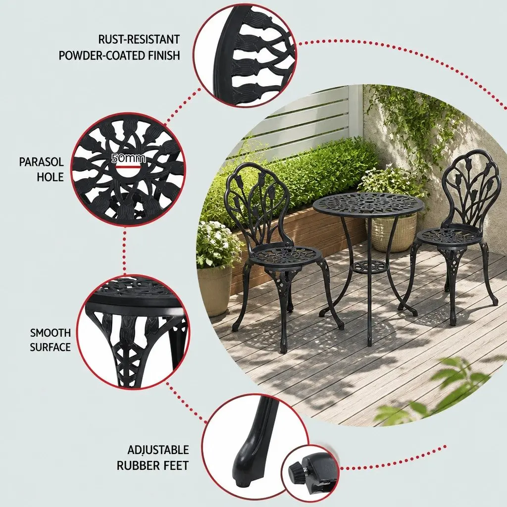 3PC Black Bistro Set with Parasol Hole