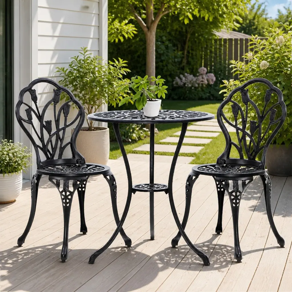 3PC Black Bistro Set with Parasol Hole
