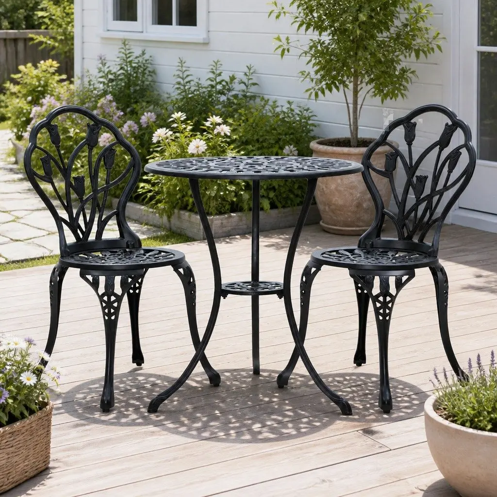 3PC Black Bistro Set with Parasol Hole