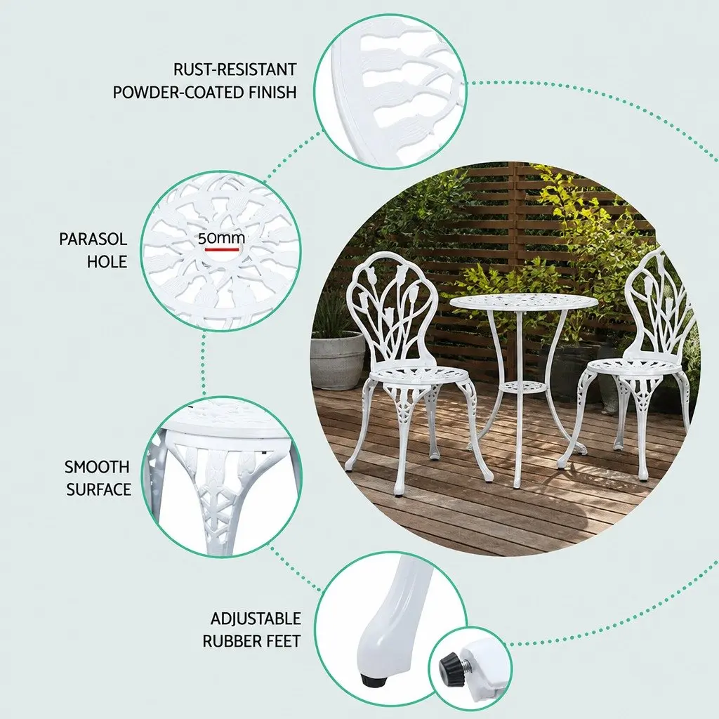 Outdoor Bistro Set Garden Patio 3 Piece White Chairs Table